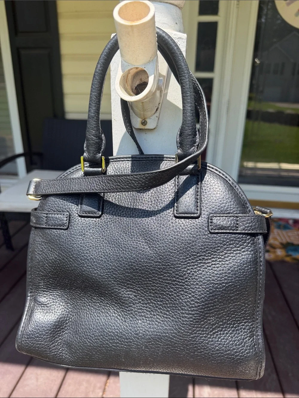 Michael Kors Black Pebbled Leather Dome Satchel with Gold Hardware